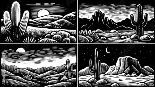 rustic desert life concept illustrated with a hand drawn doodle icon set, featuring cactuses, mountains, rocks, and sand elements, perfect for landscape design projects, nature artwork