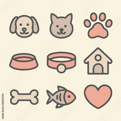 Pet and animal outline icons – dog, cat, fish, paw, minimal pastel vector set