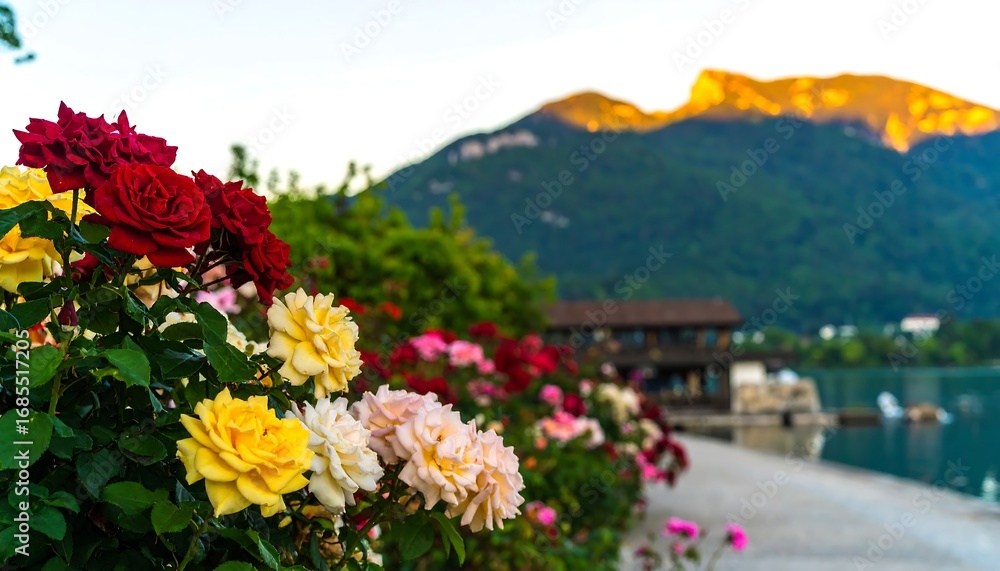 Obraz premium Colorful roses by a lake at sunset