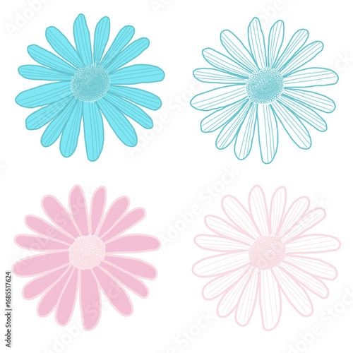 Cute blue and pink flowers isolated on white background minimalist, clipart