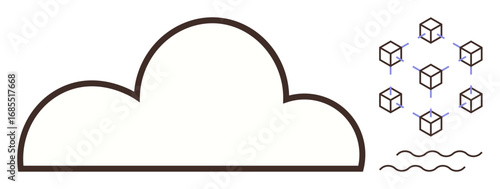 Simplistic cloud outline with interconnected cubes representing blockchain, adjacent line patterns signifying data flow. Ideal for cloud computing, blockchain, data storage, connectivity