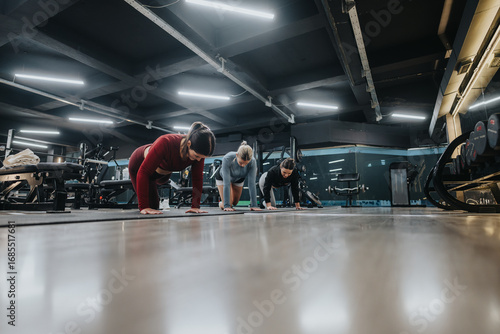 Wallpaper Mural Girls exercising in a gym setting performing plank exercises, showcasing teamwork, strength development, and a modern fitness environment with gym equipment in the background under bright lighting. Torontodigital.ca