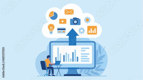 Digital marketing growth strategy analysis with data visualization tools and cloud upload concept transparent background