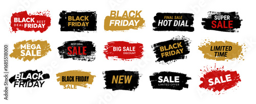 Black Friday sale badge. Promotional label. Grunge black, red, white, gold stickers with mega discounts, shopping events, best deals, special offers. Brush stroke frames. Vector set