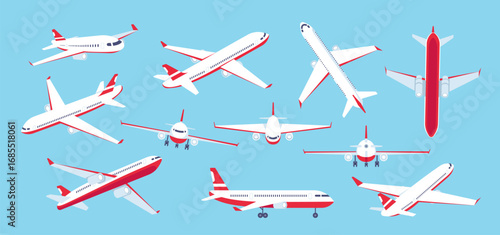 Airports plane. Various airplanes. Aircraft transport, aviation vehicles. Flight travel, tourism, logistics, aviation. Passenger flight and commercial jet airplane. Vector set