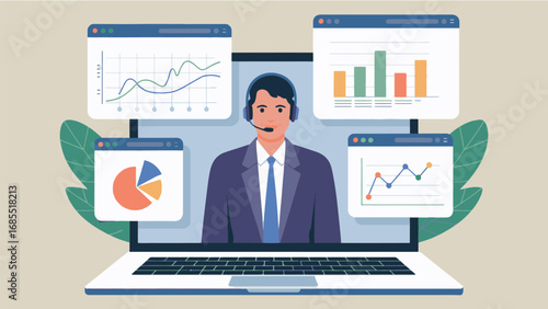 Online business analytics presentation with professional operator and data charts on laptop screen transparent background
