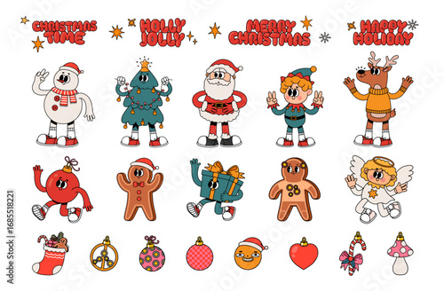 Christmas characters. Holiday groovy mascots. Retro cartoon 60s-70s New Year elements. Vintage cute Santa Claus, snowman, elf, reindeer, Christmas tree and toys. Vector set