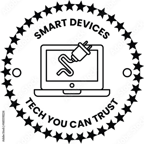 A black and white image of a laptop with a plug on it