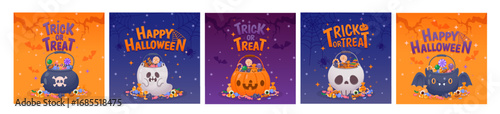 Trick or Treat. Halloween bucket. Happy holiday poster with pumpkin, Jack O Lantern, ghost bats, cauldron skull, candy bucket, sweets. Vector party invitation, card, banner.