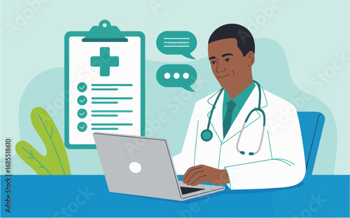 Doctor consults patient remotely online through laptop with medical chart and chat bubbles healthcare technology transparent background