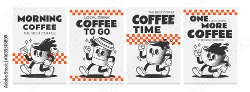Coffee character. Retro coffee shop poster. Vintage walking drink mascot with text. Cafe menu with coffee cup, espresso mug, cappuccino, latte. Groovy comic vector set
