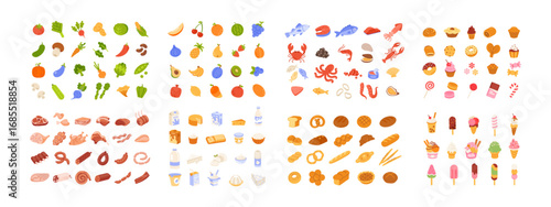 Food icons. Fruit, vegetables, milk, meat. Supermarket groceries, market products. Simple bakery, bread, dairy, sweets, ice cream, seafood, elements. Flat healthy food. Vector set