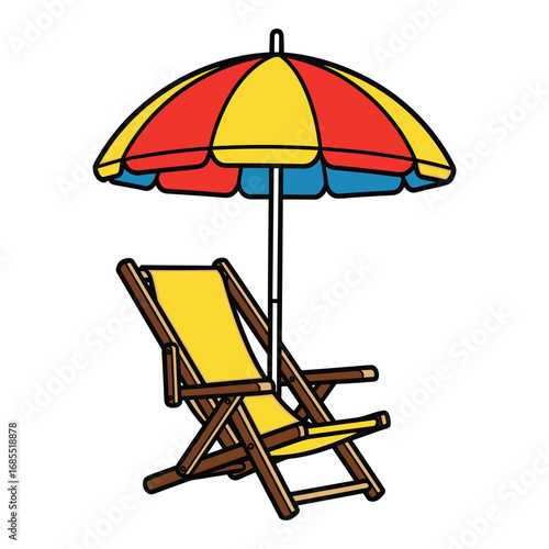 Yellow beach chair under a red yellow and blue striped umbrella beach umbrella yellow chair