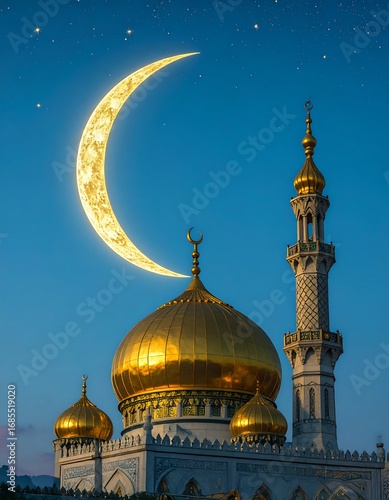 Golden mosque dome under crescent moon