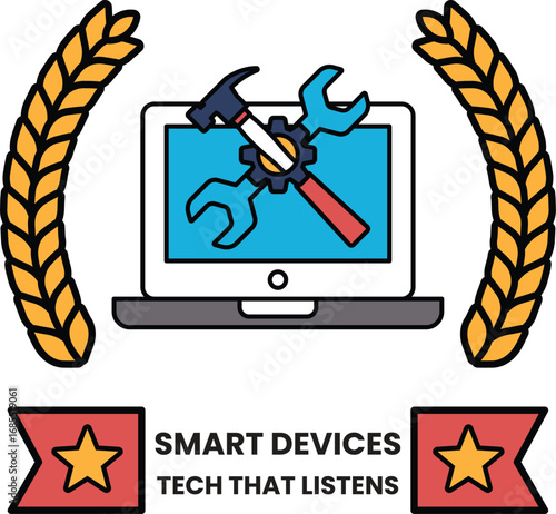 A logo for smart devices that is a picture of a laptop with a hammer