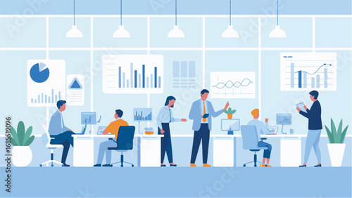 Modern office team collaboration and presentation with data charts and plants enhancing productivity and growth transparent background