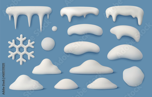 3D Snow caps. Realistic icicles, white snow piles, snowflake and snowdrifts, snowballs winter cartoon elements. Frost frames, soft render snowy shapes, Christmas overlays vector set