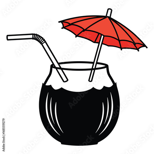 Black tropical drink with red umbrella and straw cocktail beverage