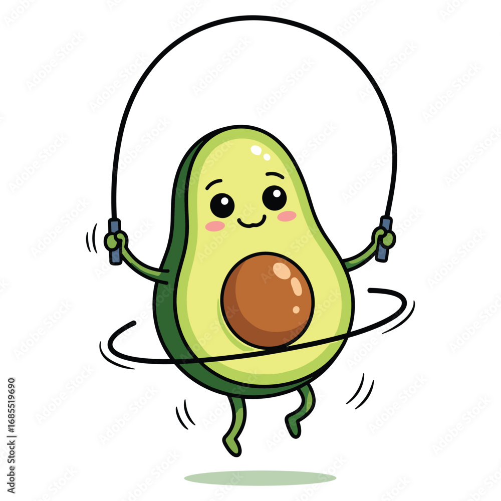 Obraz premium Cute cartoon avocado character jumping rope with a happy expression fruit healthy