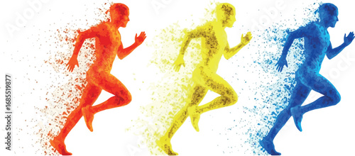 Vector vector art of three runners in red, yellow, and blue, exploding into particles, symbolizing speed and energy transparent background