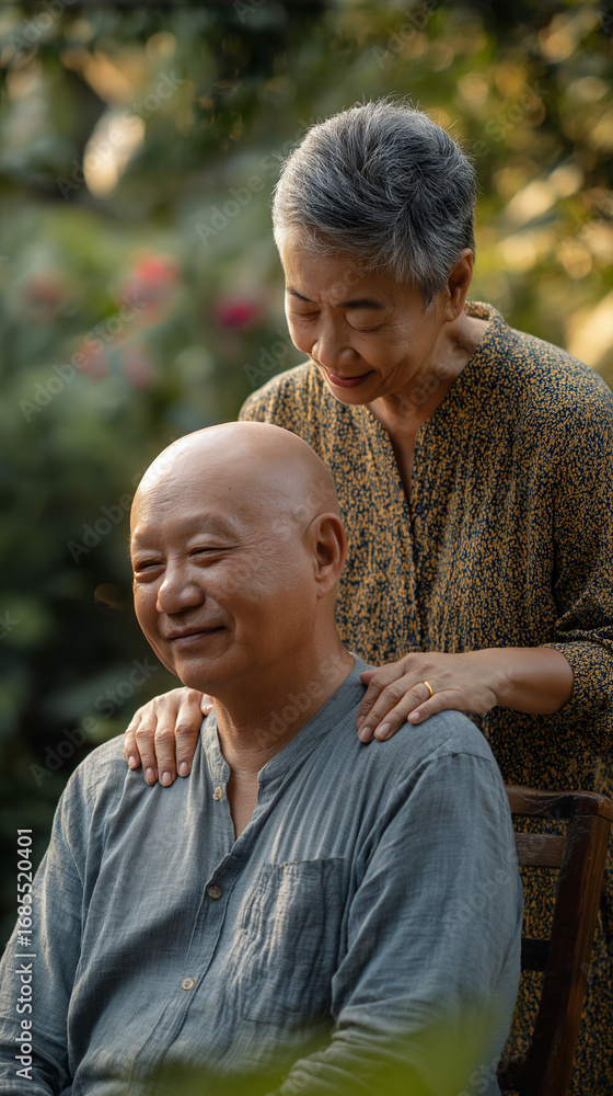 Fototapeta premium Couple enjoying a moment together in a garden during golden hour