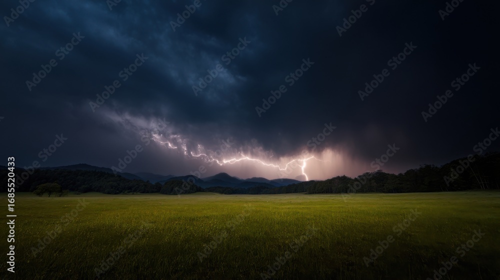 Fototapeta premium A dramatic landscape with a verdant green field under an expansive sky filled with dark ominous clouds and intense light