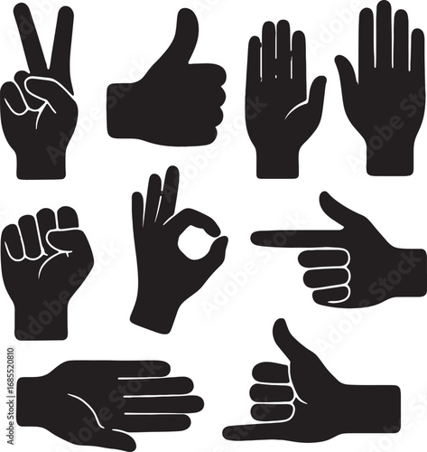 Hand Gestures Silhouette Collection: This silhouette collection showcases a variety of hand gestures, from peace signs to thumbs up, perfect for conveying messages and adding visual interest.