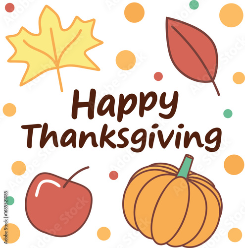 Vector art of happy thanksgiving text with autumn leaves and pumpkin