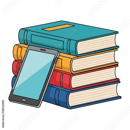Literary Companion: A stack of vibrantly colored books leans casually against a sleek tablet, a blend of classic and contemporary reading. Perfect for promoting themes of education, knowledge.