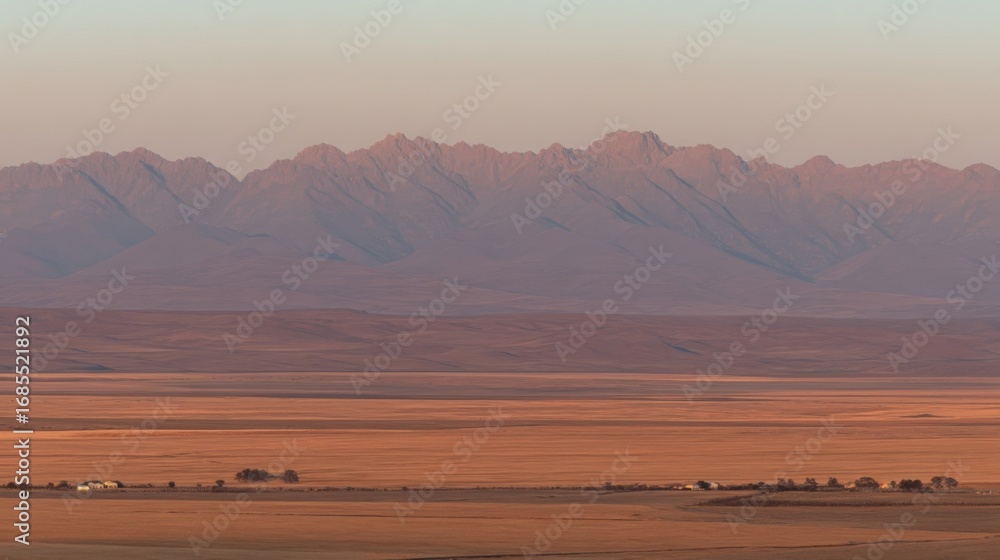 Obraz premium A vast grassland stretches to the horizon with majestic mountains in the backdrop,