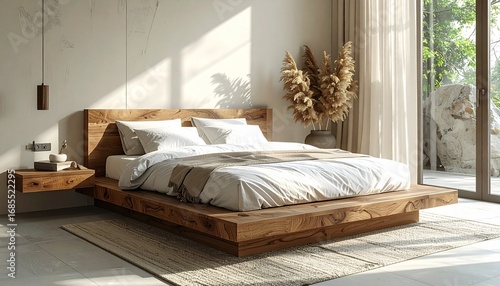 Minimalist platform bed in warm oak wood with linen bedding, styled in a bright neutral room with soft daylight and textured stone accents.