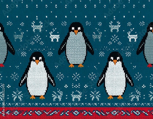 Knitted pattern with penguins and reindeer