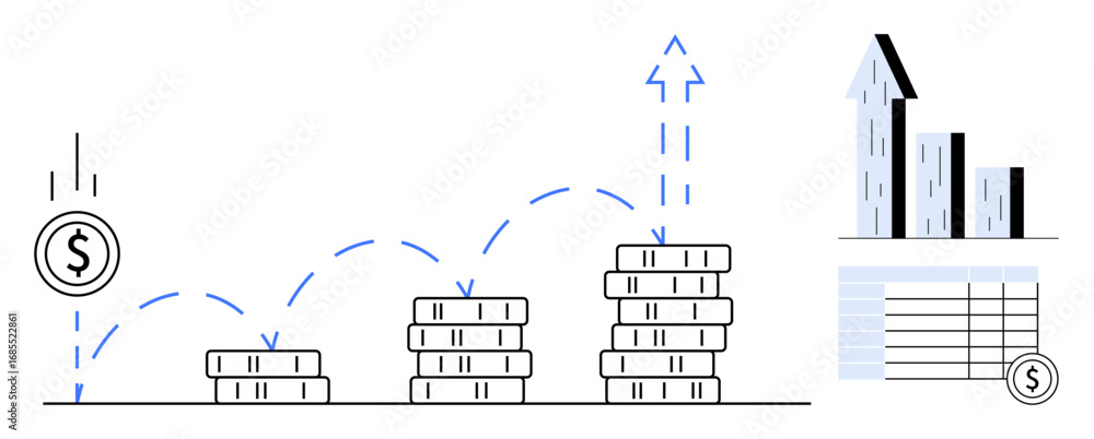 Obraz premium Coin stacks increasing in size, arrow indicating upward growth, table, and bar chart. Ideal for finance, investment, savings, business growth, economic analysis budgeting simple landing page