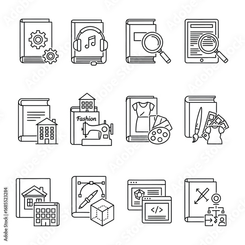 Digital Book Icons: A comprehensive collection of digital book icons, elegantly rendered in a minimalistic line art style. Perfect for illustrating a diverse range of subjects.