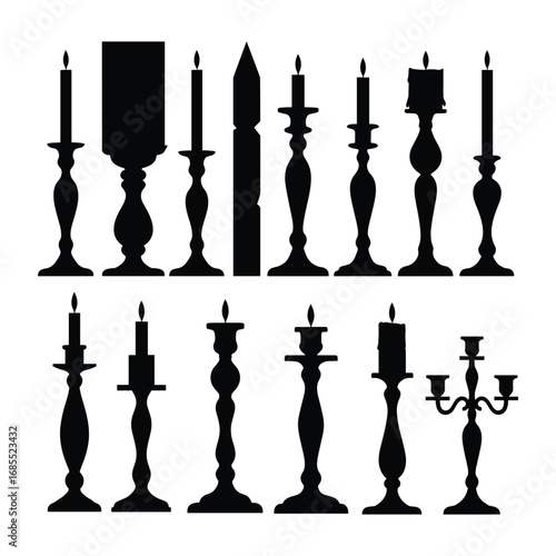 Collection of black silhouette candle holders with lit candles on white background candlestick