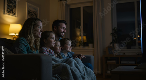 Happy family with young children enjoying a movie night together on the sofa at home.