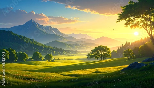 Serene Mountain Valley Sunset Landscape.