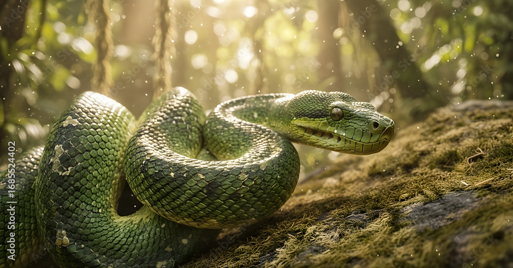 Fototapeta premium Exotic Green Snake – Emerald Tree Boa in Dense Tropical Forest Habitat 