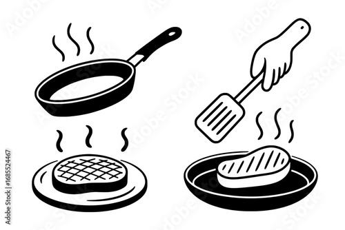 Four Monochrome Icons: Frying Pan, Steak, Spatula – Cooking Process Illustration