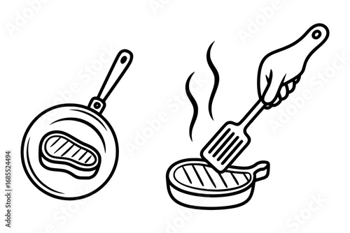 Two Line Art Icons: Steak Cooking Process - Pan-Seared Steak and Flipping with Spatula