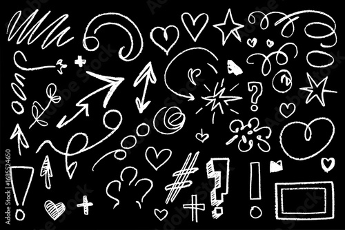 Collection of 30 Hand-Drawn White Doodle Icons on Black Background: Arrows, Hearts, Stars, Symbols, and More