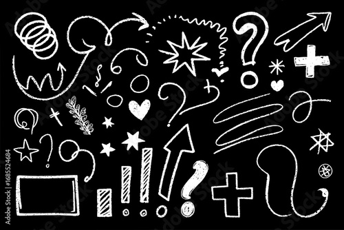 Hand-Drawn Doodle Icons: A Collection of 30 White Chalk-Style Elements on Black Background