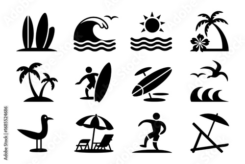 Summer Vacation Icon Set: 16 Solid Black Beach and Surf Icons