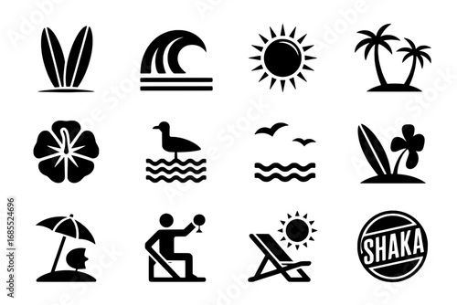 Twelve Summer Vacation Icons: Surfboards, Waves, Sun, Palms, Hibiscus, Seagull, Beach Umbrella, Cocktails, Lounger, and Shaka Sign