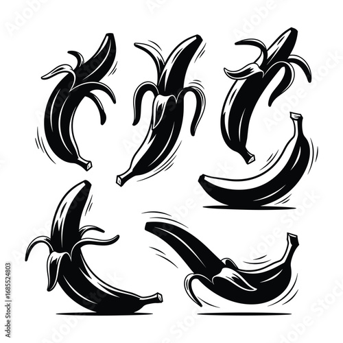 Black and white graphic illustration of six bananas in various peeling stages and orientations fruit