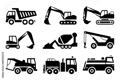 Twelve Black Silhouette Icons of Construction and Emergency Vehicles: Dump Truck, Excavators, Concrete Mixer, Crane, Tow Truck, Garbage Truck, and Fire Trucks
