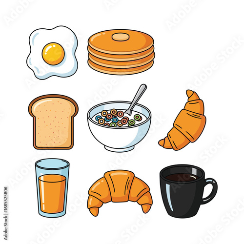 Cartoon breakfast spread with fried egg pancakes cereal toast orange juice and coffee food illustration
