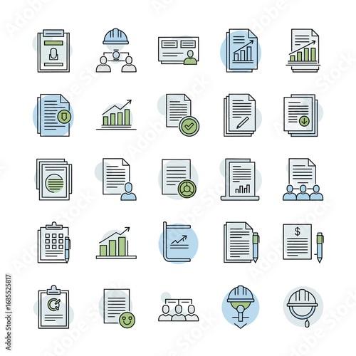 Modern line icon set representing construction project management, business analysis, workflow processes, and official documentation