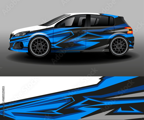 Sporty Racing Van wrap. Car design development for a company. Abstract background with blue and gray stripes for a vinyl car wrap. Car branding.