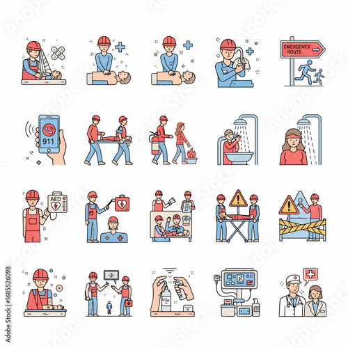 Workplace safety and first aid icon set illustrating emergency response, medical procedures, injury treatment, and health care concepts